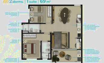 Imagem 3: 2 dormitórios, 1 suítes, 2 banheiro, 1 vaga na garagem, 69M² de Área Construída
