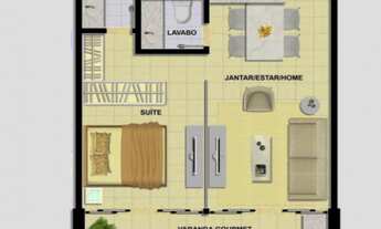 Imagem: 1 dormitório, 1 suítes, 1 banheiros, 1