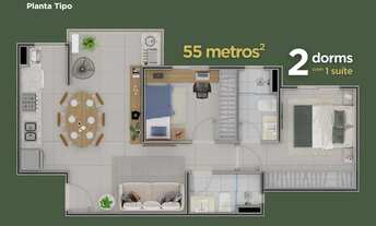 Imagem 4: Residencial Évora Construtora Recon Construção 55 metros 02 dormitórios suíte
