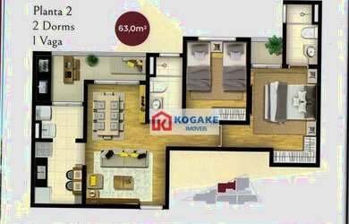 Imagem 2: Apartamento com 2 dormitórios à venda, 63 m² por R$ 360.000,00 - Jardim Augusta - São José