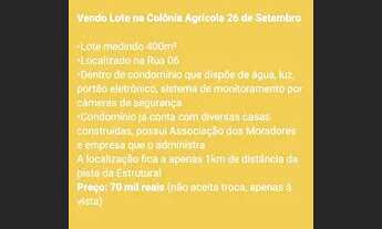 Imagem: Vendo lote na Colônia Agrícola 26 de Setembro