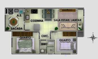 Imagem 3: Apartamento com 02 quartos, sacada com churrasqueira, sala e cozinha integrada e banheiro