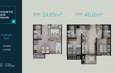 Imagem: O apartamento possui 1 Dormitório, 1 Suíte, 2 Banheiros, 1