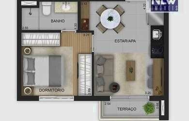 Imagem: O studio possui 1 Dormitório, 1 Banheiro, 34m² de Área e