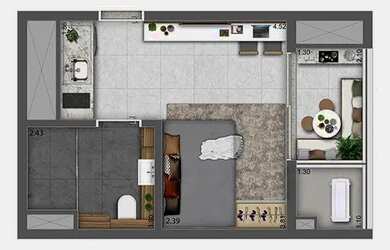 Imagem: O studio possui 1 Dormitório, 1 Banheiro, 28m² de Área e