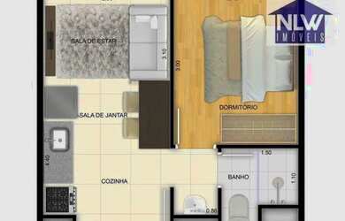 Imagem: O apartamento possui 1 Dormitório, 1 Banheiro, 26m² de Área