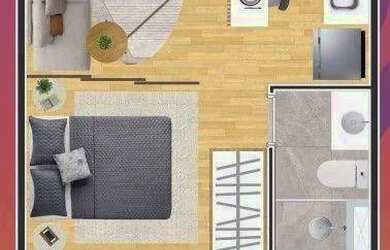 Imagem: O studio possui 1 Dormitório, 1 Banheiro, 27m² de Área e