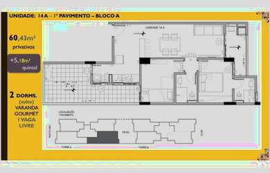 Imagem: O apartamento possui 2 Dormitórios, 2 Banheiros, 1 Vaga na