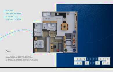 Imagem: O apartamento possui 2 Dormitórios, 2 Banheiros, 66m² de Área