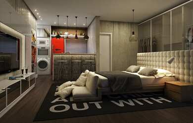 Imagem: O apartamento possui 1 Dormitório, 1 Banheiro, 1 Vaga na garagem