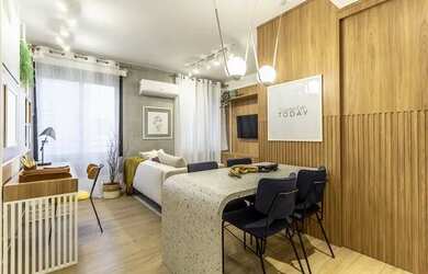 Imagem: O apartamento possui 1 Dormitório, 1 Banheiro, 1 Vaga na garagem