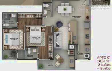 Imagem: O apartamento possui 2 Dormitórios, 2 Banheiros, 1 Vaga na