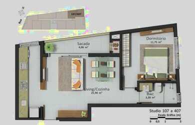Imagem: O apartamento possui 1 Dormitório, 1 Banheiro, 1 Vaga na garagem