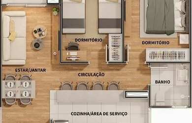 Imagem: O apartamento possui 2 Dormitórios, 1 Banheiro, 1 Vaga na garagem