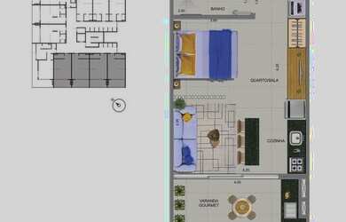 Imagem: O apartamento possui 1 Dormitório, 1 Banheiro, 1 Vaga na garagem