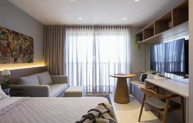 Imagem: O studio possui 1 Dormitório, 1 Banheiro, 28m² de Área e