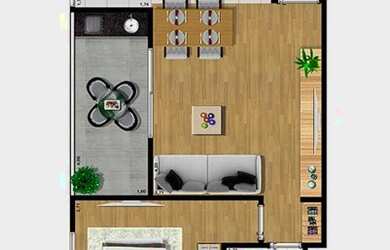 Imagem: O apartamento possui 1 Dormitório, 1 Banheiro, 1 Vaga na garagem