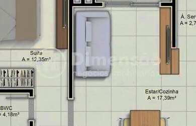 Imagem: O apartamento possui 1 Dormitório, 1 Banheiro, 1 Vaga na garagem