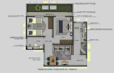 Imagem: O apartamento possui 2 Dormitórios, 1 Banheiro, 1 Vaga na garagem