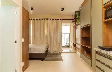 Imagem: O studio possui 1 Dormitório, 1 Banheiro, 27m² de Área e