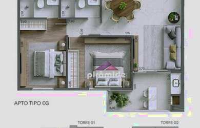 Imagem: O apartamento possui 2 Dormitórios, 2 Banheiros, 1 Vaga na