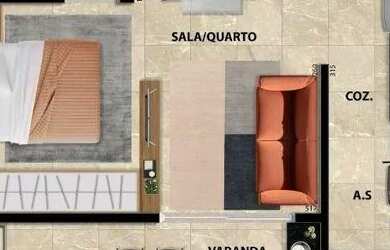 Imagem: O apartamento possui 1 Dormitório, 1 Banheiro, 1 Vaga na garagem