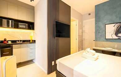 Imagem: O studio possui 1 Dormitório, 1 Banheiro, 21m² de Área e