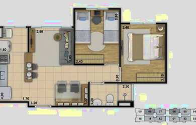Imagem: O apartamento possui 2 Dormitórios, 1 Banheiro, 1 Vaga na garagem