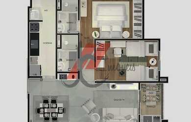 Imagem: O apartamento possui 1 Dormitório, 1 Banheiro, 2 Vagas na garagem