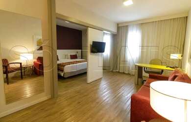 Imagem: O apartamento possui 1 Dormitório, 1 Banheiro, 1 Vaga na garagem