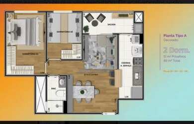 Imagem: O apartamento possui 2 Dormitórios, 1 Banheiro, 1 Vaga na garagem