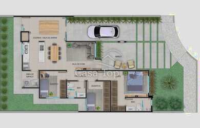 Imagem: A casa possui 3 Dormitórios, 2 Banheiros, 2 Vagas na garagem