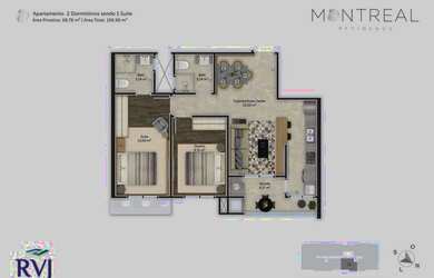 Imagem: O apartamento possui 2 Dormitórios, 2 Banheiros, 1 Vaga na