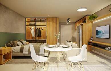 Imagem: O apartamento possui 1 Dormitório, 1 Banheiro, 1 Vaga na garagem