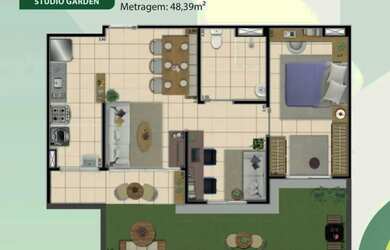 Imagem: O apartamento possui 1 Dormitório, 1 Banheiro, 1 Vaga na garagem