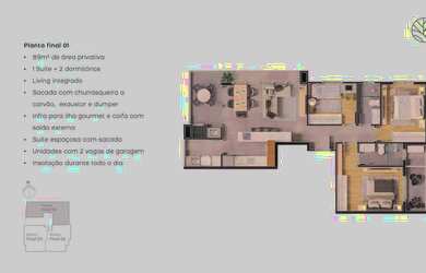 Imagem: O apartamento possui 2 Dormitórios, 1 Banheiro, 1 Vaga na garagem