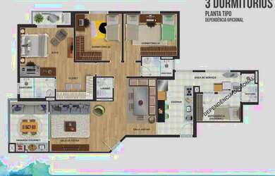 Imagem: O apartamento possui 3 Dormitórios, 3 Banheiros, 1 Vaga na
