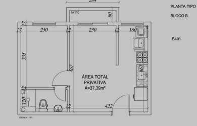 Imagem: O apartamento possui 1 Dormitório, 1 Banheiro, 1 Vaga na garagem