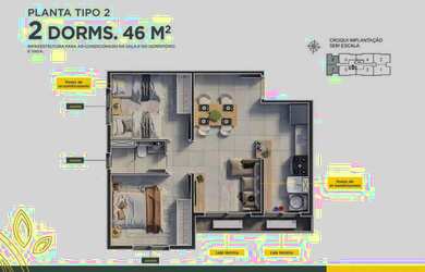 Imagem: O apartamento possui 2 Dormitórios, 1 Banheiro, 1 Vaga na garagem