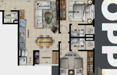 Imagem: O apartamento possui 2 Dormitórios, 1 Banheiro, 1 Vaga na garagem