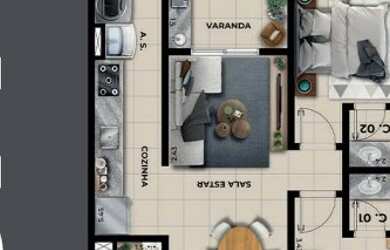 Imagem: O apartamento possui 2 Dormitórios, 1 Banheiro, 1 Vaga na garagem