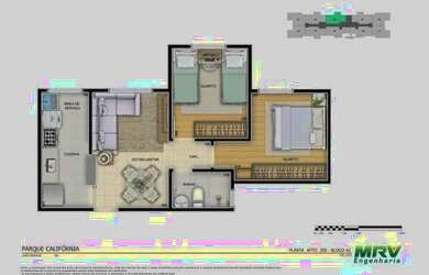Imagem: O apartamento possui 2 Dormitórios, 1 Banheiro, 1 Vaga na garagem