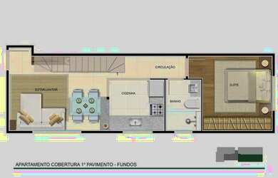 Imagem: O apartamento na cobertura possui 1 Dormitório, 2 Banheiros