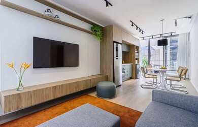 Imagem: O apartamento possui 1 Dormitório, 1 Banheiro, 1 Vaga na garagem