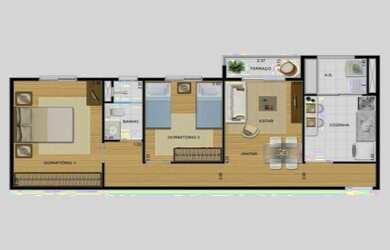 Imagem: O apartamento possui 2 Dormitórios, 1 Banheiro, 1 Vaga na garagem