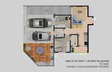 Imagem: O apartamento possui 2 Dormitórios, 1 Banheiro, 2 Vagas na