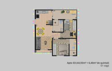 Imagem: O apartamento possui 2 Dormitórios, 1 Banheiro, 1 Vaga na garagem