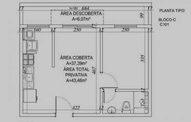 Imagem: O apartamento possui 1 Dormitório, 1 Banheiro, 1 Vaga na garagem