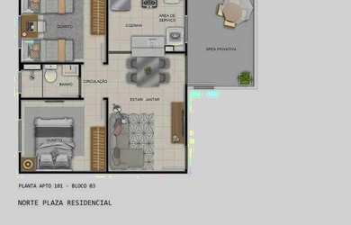 Imagem: O apartamento possui 2 Dormitórios, 1 Banheiro, 1 Vaga na garagem