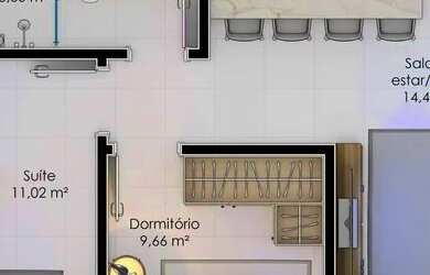 Imagem: O apartamento possui 2 Dormitórios, 1 Banheiro, 1 Vaga na garagem